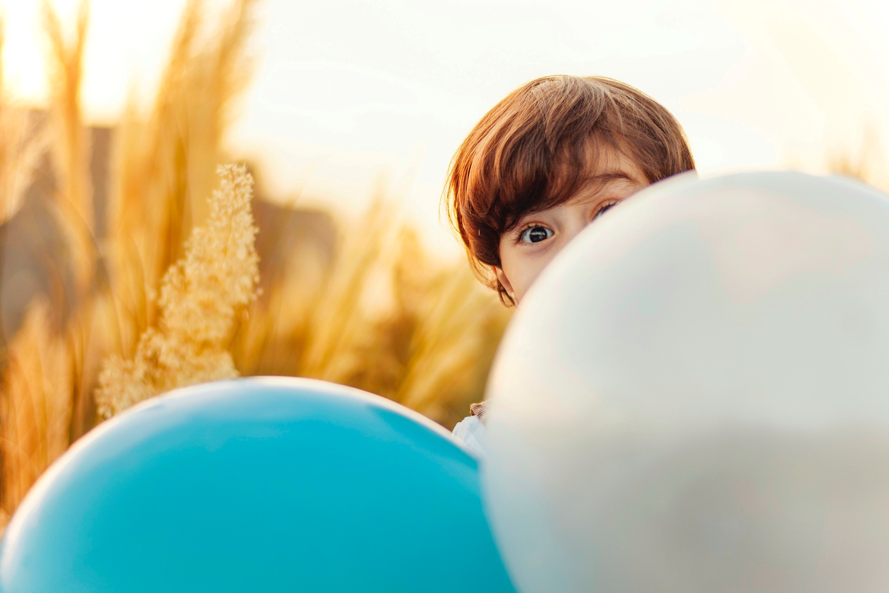 Opgewekte jongen in korenveld half verstopt achter een grote ballon